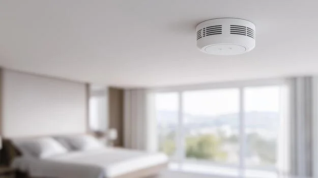 A ceiling-mounted smoke detector in a calm, bright bedroom
