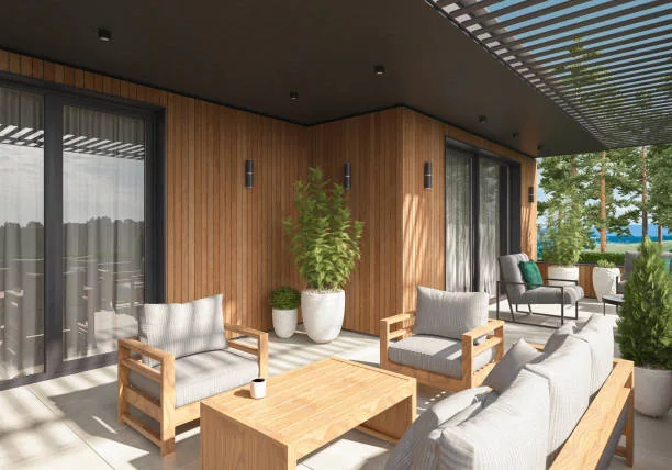 Outdoor terrace with comfortable seating and garden greenery